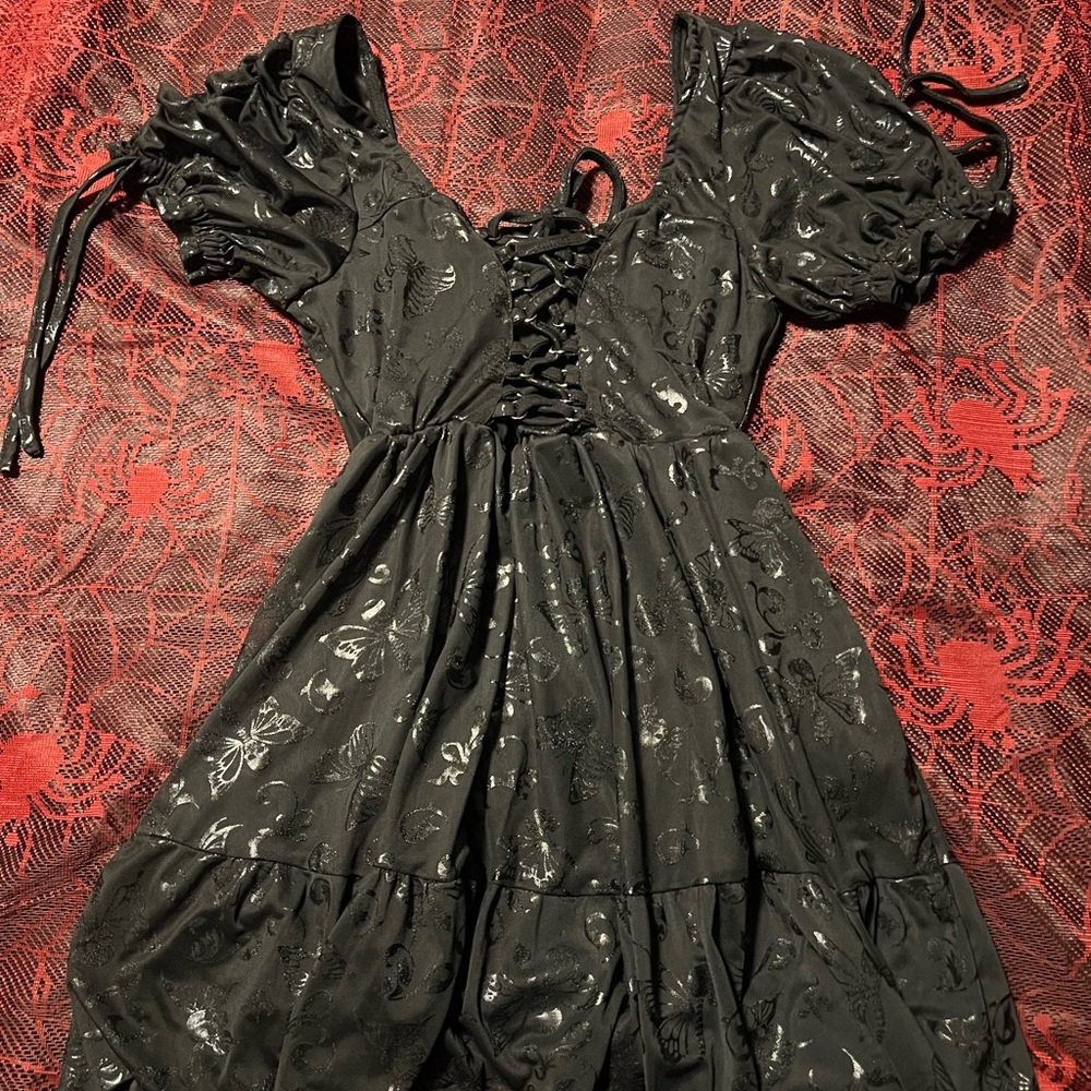 Black Lace-Up Babydoll Dress with Puff Sleeves